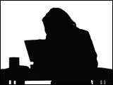 Video Clip - Human figures depicted in black in front of a white background; woman with coffee working on her laptop computer