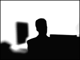 Video Clip - Human figures depicted in black in front of a white background; office with people sitting at their workstations